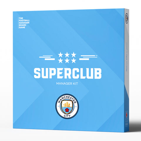 The Superclub: Manchester City Manager Kit comes in a light blue box with the Manchester City logo, six white stars, and white text. Branding appears in the top left corner—ideal for Man City managers seeking to upgrade their football skills.
