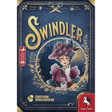 Board game box cover for Swindler by Pegasus Spiele, showing a woman in vintage attire and a large flowered hat holding playing cards. The ornate blue and gold design includes the Pegasus Spiele logo.