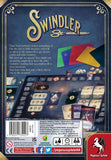 The back of Swindler by Pegasus Spiele showcases cards, coins, player boards, and tokens, with text emphasizing its press-your-luck mechanics and exciting themes of theft and strategy set in Victorian London.
