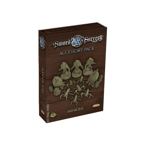 The Sword & Sorcery: Ancient Chronicles Minions Accessory Pack by Ares Games comes in a box with images of miniatures on a wood-textured background and "Not Final Cover" displayed on the side.