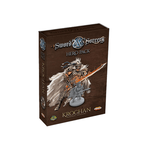 Ares Games' Sword & Sorcery: Kroghan Hero Pack features fantasy art of a barbarian with a flaming sword and fur cape, plus a visible miniature of the hero in a clear window on the front of the box.