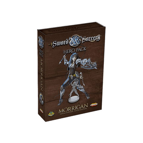 The Sword & Sorcery: Morrigan Hero Pack by Ares Games comes in a box with striking fantasy art of Demon Huntress Morrigan in armor with her sword and wolf, plus a detailed miniature displayed at the bottom.
