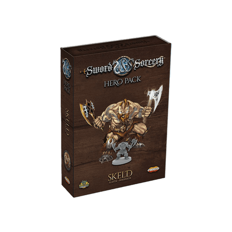 Ares Games' Sword & Sorcery: Skeld Hero Pack features Skeld, a muscular dwarf fighter with dual axes and Norse-inspired design, showcased on a dark brown background.