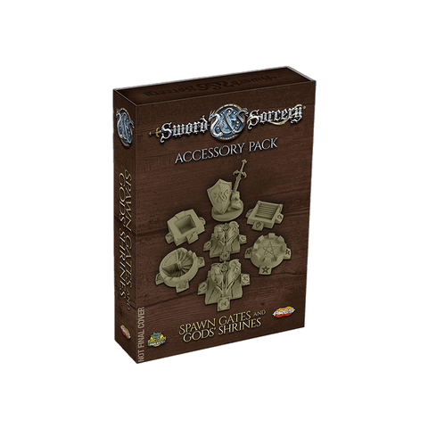 A box of Ares Games’ Sword & Sorcery: Spawn Gates and Gods’ Shrines Accessory Pack, showing 3D spawn gates and shrines for the board game. “Not Final Cover” appears on the box, set against a wooden background.