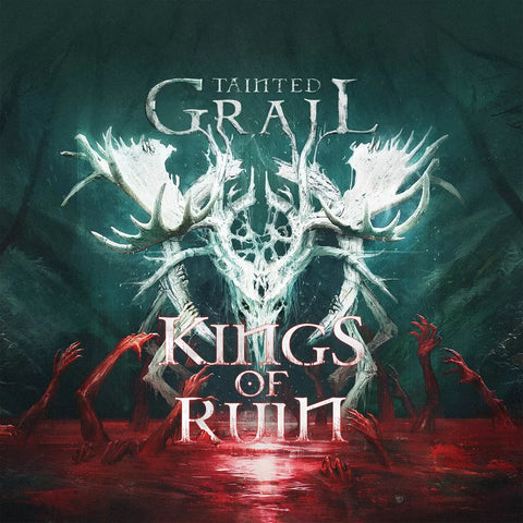 Dark fantasy art for Awaken Realms' Tainted Grail: Kings of Ruin features twisted white antlers above red water with clawing hands, with the game title centered over this eerie campaign scene.