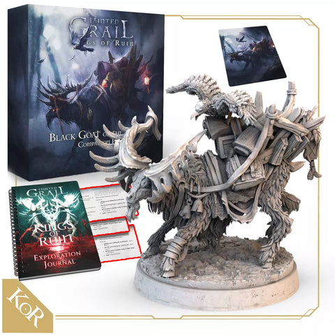 A game box, a detailed horned beast miniature with rider, an exploration journal, and cards from Awaken Realms' Tainted Grail: Kings of Ruin – Black Goat of the Moors Expansion are displayed.