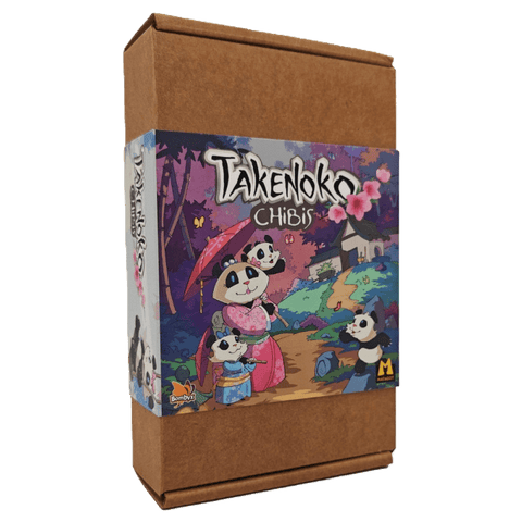 A cardboard box with a colorful label for the Matagot Takenoko New ECO Chibis expansion, featuring cartoon pandas in a vibrant outdoor setting with stylized trees and cherry blossoms.