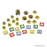 A set of small, colorful tokens and tiles from WizKids' "Tales of the Arthurian Knights," featuring skill icons like hunting, magic, warfare, honor, and wisdom—ideal for storytelling adventures about Arthurian legends.