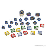 Tales of the Arthurian Knights by WizKids features colorful cardboard tokens, blue character standees, skill icons, and trait cards like Diplomacy, Magic, and Wisdom—perfect for immersive storytelling adventures.