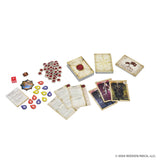 Tales of the Arthurian Knights (Damaged) by WizKids is a storytelling board game with stacks of cards, circular tokens, colorful markers, and more, all arranged on a white surface.