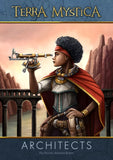 A woman in fantasy attire with a red cape, golden jewelry, and a headband stands on a stone bridge using a brass instrument. Rocky cliffs and water form the background. The text displays: Capstone Games - Terra Mystica: Fan Factions Expansion.
