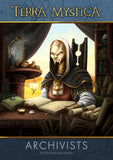 A skeleton-faced figure in robes reads at a book-filled desk, sunlight streaming behind. Surrounded by shelves of board game lore and curiosities. Text: Capstone Games – Terra Mystica: Fan Factions Expansion.