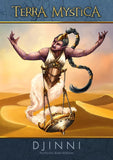 A purple-skinned djinni with golden tattoos and an armored chest rises from a magic lamp above desert dunes. The text reads “Terra Mystica: Fan Factions Expansion” by Capstone Games, featuring new factions like the Djinni.