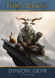 A humanoid goat in medieval armor sits on a rocky ledge with a mug, misty mountains behind. Above, “Terra Mystica: Fan Factions Expansion” by Capstone Games hints at new content for the board game.