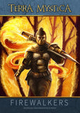 A masked warrior in dark armor wields a fiery spear amid swirling flames in a forest. "Terra Mystica: Fan Factions Expansion" by Capstone Games is at the top, with "Firewalkers, a new faction," at the bottom.