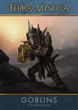 A goblin in spiked dark armor stands on rocky ground at sunset, holding a glowing, rune-covered object. The image is labeled “Terra Mystica: Fan Factions Expansion” by Capstone Games, crediting Alexander Bobrov.