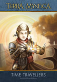 A steampunk woman in armor holds a glowing device by a golden-leaved tree on rocky terrain. The image features the text: Terra Mystica: Fan Factions Expansion from Capstone Games, introducing new factions to the popular board game.