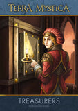 A person in historical attire holds a candle and opens a large ornate safe in a stone-walled room. The text reads: Terra Mystica: Fan Factions Expansion by Capstone Games—an exciting release for board game fans.