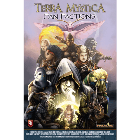 Poster for Capstone Games’ Terra Mystica: Fan Factions Expansion features diverse fantasy characters with magical effects and a glowing moon. Bold title at the top invites you to discover new factions in this exciting expansion.