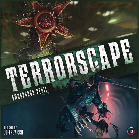 The Terrorscape: Amorphous Peril Expansion by ICE Makes features a cover with a monstrous plant-like creature above the title and a menacing humanoid beast with miniatures below.