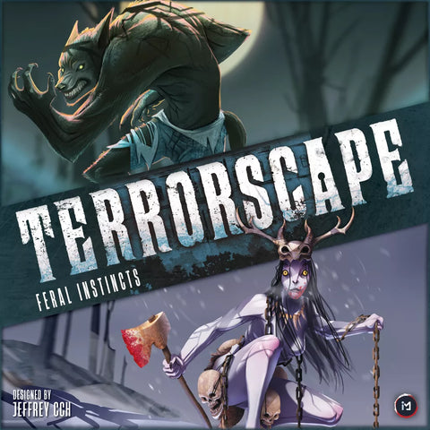 The cover of ICE Makes’ Terrorscape: Feral Instincts Expansion shows a monstrous creature above the title and a pale, antlered woman with axe and chain below, amid snow and skulls—setting the tone for this chilling Survivor vs Killer board game.