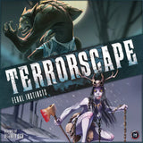Board game cover for Terrorscape Bundle by ICE Makes, showing a snarling beast and a pale, antlered figure with axe and chain in a snowy, dark forest for this asymmetric horror game.