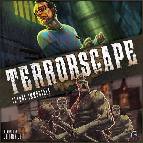 A worried man in glasses looks back while writing, above the bold title Terrorscape: Lethal Immortals Expansion. Three undead foes hold weapons below. The game by ICE Makes is designed by Jeffrey CCH as an expansion to the castle board game.