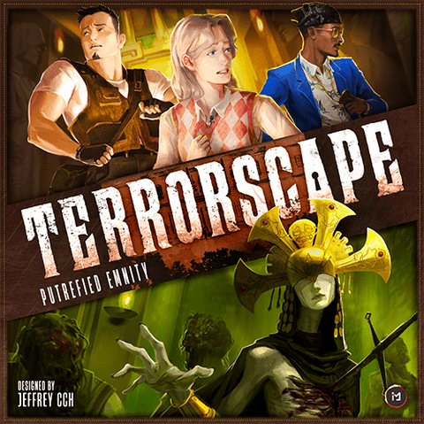 A dramatic board game cover for Terrorscape: Putrefied Enmity Expansion by ICE Makes, showing three heroes above the title and a masked ancient creature in golden headgear below, evoking tense conflict inside the Immortal Queen’s mountain tomb.