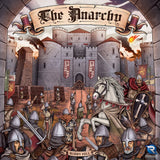 Illustration of a medieval castle siege with armored knights, archers, and a white horse amid flames. A banner reads “The Anarchy,” capturing chaos from Empress Matilda in Renegade Game Studios’ The Anarchy board game.
