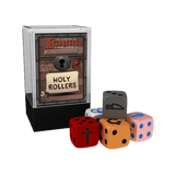 A box labeled The Binding of Isaac: Four Souls Rollers Dice Bundle by Maestro Media stands next to five custom dice, each displaying unique symbols and vibrant colors.