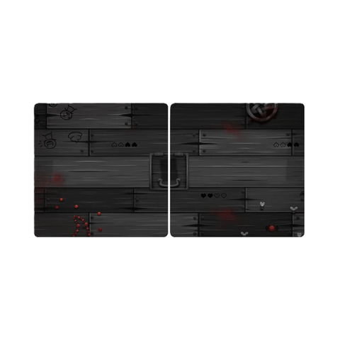 The Binding of Isaac: Four Souls Requiem 4-Player Mat by Maestro Media features two dark wooden sections with faded Isaac-themed hearts, red splatters, and symbols. Centered square outlines make it perfect for your next gaming session.
