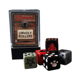 The Binding of Isaac: Four Souls Unholy Rollers Dice Set by Maestro Media features six custom engraved dice with unique symbols and comes in a card box, all displayed on a white background.