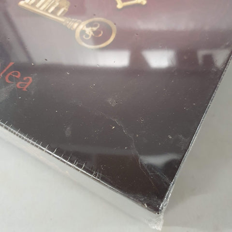 A close-up shows a crease or crack on the lower right of a plastic-wrapped The Castles of Burgundy (20th Anniversary) - EN/DE/FR (Damaged) box by Ravensburger, with a black background and partially visible gold and red text.