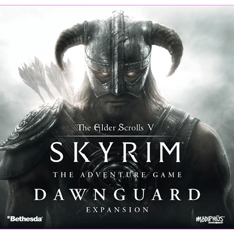 A warrior in horned armor stands in mist, facing forward. Text reads: The Elder Scrolls V: Skyrim – The Adventure Game Dawnguard Expansion. Modiphius Entertainment logo at the corner. Embark on an epic adventure.