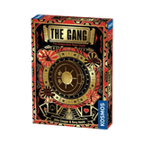 A vibrant box for The Gang by Kosmos features gold, red, and black art with a vault and playing cards. Designers John Cooper & Kory Heath are credited, with the Kosmos logo displayed on the side.