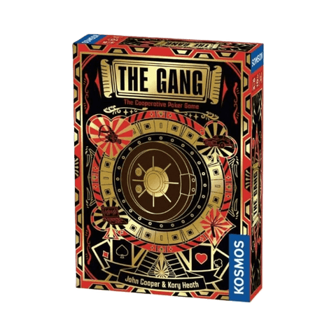 A vibrant box for The Gang by Kosmos features gold, red, and black art with a vault and playing cards. Designers John Cooper & Kory Heath are credited, with the Kosmos logo displayed on the side.