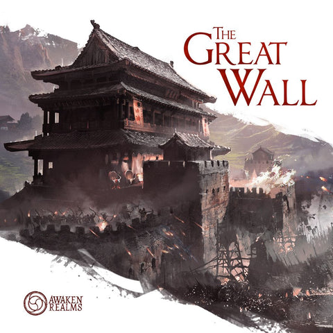 A fortress rises atop a stone wall with soldiers and banners, encircled by mountains. "The Great Wall (Miniature Edition)" appears on screen, alongside the Awaken Realms logo for this epic asymmetric board game.