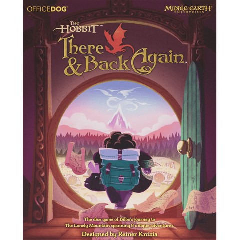 A backpacked hobbit stands at a round green door, gazing at a distant mountain under a blue sky, with the Office Dog board game "The Hobbit: There and Back Again" title above.