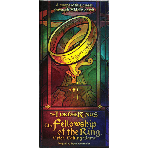 A vibrant box in stained-glass style shows the One Ring above a mountain. Text reads: A cooperative trick-taking journey through Middle-earth. The Lord of the Rings: The Fellowship of the Ring – Trick-Taking Game by Office Dog.