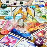 The Vale of Eternity by Mandoo Games features a dragon figurine atop a vibrant game board, surrounded by cards, tokens, and markers—capturing an epic experience of dragon-taming and mythical strategy.
