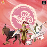 In The Vale of Eternity by Mandoo Games, three fantasy creatures—a brown griffin, a gold-armored winged humanoid, and a white winged unicorn—stand before a pink swirling emblem; game setting shows logos in the corners.