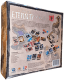 Back of The Vale of Eternity box by Mandoo Games shows cards, tokens, dice, and the rulebook. Fantasy artwork and game details highlight this dragon-taming fantasy board game.