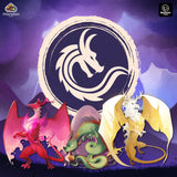 Three vibrant dragons—red, green, and gold—pose before a large dragon emblem on a purple, cloud-filled backdrop. This fantasy scene from The Vale of Eternity by Mandoo Games captures the excitement of taming dragons. Brand logos are in the top corners.