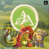 Four vibrant fantasy creatures—a snake, leafy spirit, frog, and rock golem—stand before a green symbol with white markings in this enchanting scene from The Vale of Eternity board game by Mandoo Games.