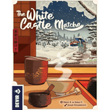 A tea set with steaming matcha sits by a window overlooking a snowy garden, where two people walk beneath umbrellas. Snow-covered trees and Himeji Castle appear in the background. The text reads The White Castle Bundle by Devir.