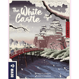 The White Castle by Devir features a board game cover with snowy Himeji Castle on a hill, people crossing a red bridge over a river, and pine branches framing the scene.