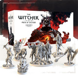 Miniature skeleton warrior figures stand before the Go On Board The Witcher: Path of Destiny Bundle, showcasing its striking artwork—a great addition for fans of The Witcher board game and immersive tableau-building card games.