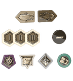 The Witcher: Path of Destiny Acrylic Tokens for Core Game by Go On Board includes nine uniquely shaped and colored tokens—road signs, Roman numeral hexagons, a snake, map, sword, paper plane, and hand with letter—ideal gaming accessories.