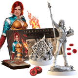 The Witcher: Path of Destiny Triss & A Grain of Truth Expansion by Go On Board includes a detailed female mage figurine, character cards, red tokens, an illustrated card holder, and a burning flame centerpiece.