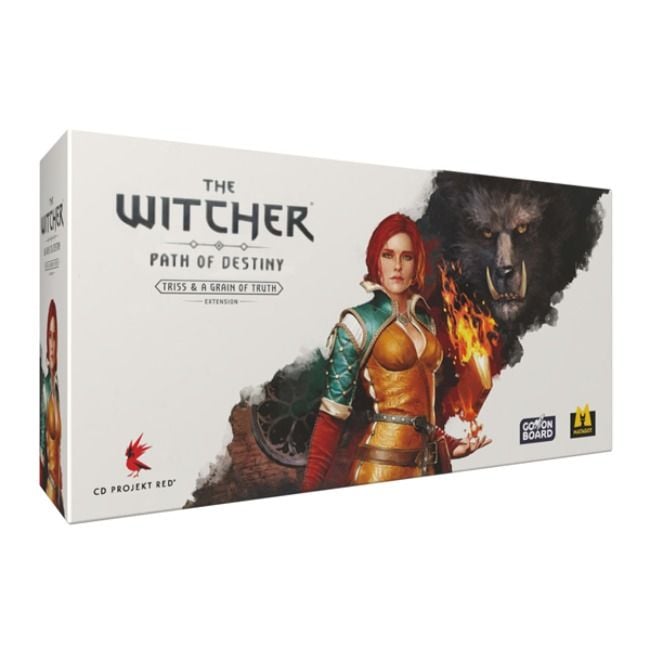 Box for The Witcher: Path of Destiny Bundle by Go On Board, featuring art of an armored female with fire, a bear’s face, and CD Projekt Red and Go On Board logos. Essential for Witcher board game collectors.